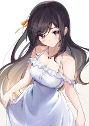 Rule 34 | 1girl, bare shoulders, black hair, blush, breasts, cleavage, closed mouth, collarbone, commentary, cowboy shot, dress, hair ribbon, highres, large breasts, long hair, looking at viewer, off-shoulder dress, off shoulder, orange ribbon, original, purple eyes, ribbon, ry thae, simple background, skirt hold, smile, solo, white background, white dress