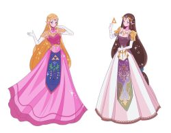 Rule 34 | 1girl, blonde hair, blue eyes, brown hair, dress, dual persona, full body, highres, jewelry, long hair, looking at viewer, meowwniz, nintendo, pointy ears, princess zelda, simple background, smile, sparkle, the legend of zelda, the legend of zelda: ocarina of time, the legend of zelda: twilight princess, triforce, white background