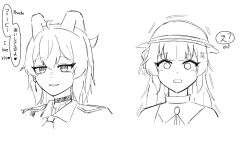 Rule 34 | 2girls, ahoge, bags under eyes, choker, collared shirt, commentary request, curled horns, earrings, english text, hair ornament, hat, highres, horns, jewelry, key earrings, long hair, multiple girls, necktie, parted lips, phoebe (wuthering waves), shirt, simple background, sketch, smile, surprised, tenrino, white background, wuthering waves, x hair ornament, yuri, zani (wuthering waves)