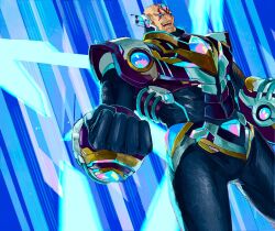 Rule 34 | 1boy, android, armor, black bodysuit, blue eyes, bodysuit, cairngorm999, character name, clenched hand, energy wings, forehead jewel, highres, mega man (series), mega man x (series), mega man x dive, motion lines, scar, scar on face, sigma (mega man), solo, speed lines