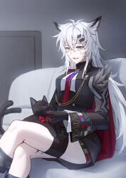 1girl absurdres aiguillette animal animal_ears aqua_eyes arknights black_cat black_gloves black_jacket bolo_tie cat crossed_legs dconan_owo feet_out_of_frame gloves hair_between_eyes hair_ornament hairclip highres indoors jacket lappland_(arknights) light_particles long_hair long_sleeves looking_at_animal miss_christine_(arknights) open_mouth petting scar scar_across_eye scar_on_face sharp_teeth sitting smile solo teeth upper_teeth_only white_hair wolf_ears wolf_girl