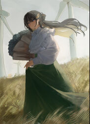05ghxsu 1girl absurdres blonde_hair blue_eyes bouquet brown_hair cloud cloudy_sky commentary dry_grass flower frills grass green_skirt highres holding holding_bouquet laurels long_hair multicolored_hair original outdoors parted_lips shirt skirt sky solo two-tone_hair white_shirt wind_turbine windmill