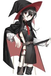 1girl ascot bad_id bad_twitter_id belt black_cape black_dress black_hair black_hat cape cropped_legs dress female_focus garter_straps hair_between_eyes hat highres holding holding_staff long_bangs long_hair original panties parted_lips red_eyes red_neckwear red_panties side-tie_panties side_slit solo staff underwear white_neckwear witch witch_hat xxxsoiu1