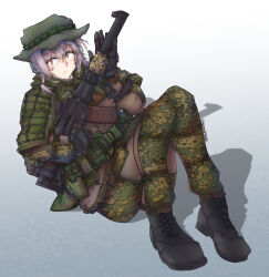 Rule 34 | 1girl, absurdres, ammunition pouch, artist name, as val, assault rifle, belt, boots, braided pigtails, camouflage, camouflage jacket, camouflage pants, escape from tarkov, gloves, grey hair, gun, hat, highres, holding, holding gun, holding weapon, jacket, kalashnikov rifle, military, military hat, military uniform, mmmn540d88, original, pants, pouch, red eyes, rifle, shadow, trigger discipline, two-tone background, weapon