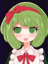 1girl @_@ artist_name black_dress blush bow bowtie child collar danganronpa_(series) danganronpa_another_episode:_ultra_despair_girls dress eyebrows eyelashes female_focus frilled_collar frilled_dress frills green_eyes green_hair hair_bow hair_ribbon hairband headband highres matching_hair/eyes neck_ribbon open_mouth portrait red_bow red_hairband red_headband red_headwear red_ribbon ribbon signature simple_background skoku_mai solo spiral teeth towa_monaca upper_body upper_teeth_only white_collar