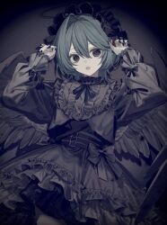 1girl black_eyes black_hairband black_nails blue_hair character_request collar copyright_request cowboy_shot cropped_shirt fingernails frilled_collar frilled_hairband frilled_skirt frills grey_collar grey_shirt grey_skirt grey_wings hair_between_eyes hairband hands_up highres hinomiya_shiyou_(ly05yy) long_sleeves shirt short_hair skirt solo wings