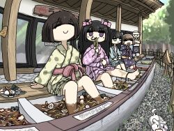 1boy 4girls :3 =_= bald bathrobe black_hair blunt_bangs blunt_ends blush bow brown_hair character_request egg fisheye food foot_bath fuchina_(fucinami) funo-chan_(fuchina) hair_bow hardboiled_egg highres long_hair long_sleeves multiple_girls noodles original outdoors pink_bow sayu-chan_(fuchina) shimau-chan_(fuchina) short_hair smile solid_eyes soup tongs translation_request two_side_up what yato-chan_(fuchina)