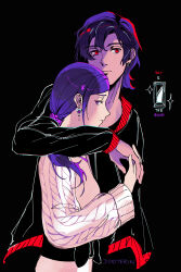 1boy 1girl absurdres artist_name black_background black_jacket closed_mouth commentary dixoterin earrings eyelashes from_side gem highres holding_hands jacket jewelry junpei_(kyokugen_dasshutsu) kyokugen_dasshutsu long_hair long_sleeves kurashiki_akane ponytail purple_hair red_eyes short_hair simple_background sparkle star_(symbol) sweater symbol-only_commentary upper_body white_sweater zero_escape:_toki_no_dilemma