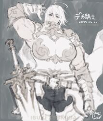 1girl 2025 ahoge arm_up armor breasts cape female_focus formal_clothes from_below greatsword greyscale half-closed_eyes huge_breasts ibuki_tsukuba japanese_text looking_at_viewer looking_down monochrome muscular muscular_arms muscular_female original pants planted serious short_hair simple_background solo standing sword weapon