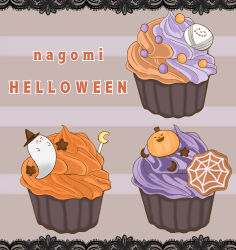 crescent cupcake food food_focus ghost halloween highres icing jack-o&#039;-lantern mikahiro_food no_humans original pastry silk spider_web star_(symbol)