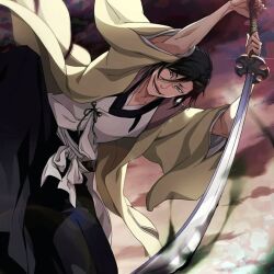 1boy bad_tag black_eyes black_hair black_suit bleach formal_clothes formal_clothing highres looking_at_viewer male_focus serious short_hair solo suit tie tsunayashiro_tokinada