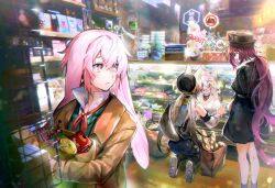 Rule 34 | 2girls, 3boys, adnachiel (arknights), animal ears, ansel (arknights), arknights, arms behind back, artist name, bag, baguette, bare legs, beret, black headwear, black skirt, blonde hair, blue hair, bowler hat, bread, brown jacket, cardigan (arknights), cardigan (sunny day) (arknights), cash register, cat ears, cat girl, cat tail, collared shirt, commentary, dog ears, english text, feet out of frame, food, full body, green vest, halo, hat, highres, holding, holding bag, ice cream, indoors, jacket, jar, long hair, lop rabbit ears, melantha (arknights), melantha (letters from wessex) (arknights), multiple boys, multiple girls, pink eyes, pink hair, plaid clothes, plaid vest, pocky, purple hair, rabbit ears, shelf, shirt, shopping bag, short hair, skirt, sparkling eyes, speech bubble, squatting, steward (arknights), tail, tin (container), upper body, vest, wed (lim38869577), white shirt