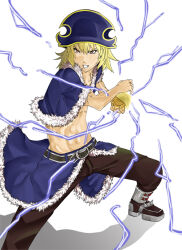 1boy armored_boots bicorne blonde_hair blue_cape blue_hat blue_jacket boots brown_pants cape commentary_request cropped_jacket electricity foot_out_of_frame fur-trimmed_cape fur-trimmed_jacket fur_trim hat hijiru jacket looking_afar male_focus navel open_clothes open_jacket pants ragnarok_online short_hair short_sleeves simple_background solo stalker_(ragnarok_online) standing toned toned_male waist_cape white_background yellow_eyes