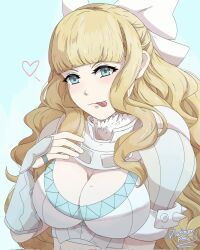 1girl :p armor bikini_armor blonde_hair blue_eyes blush bow breasts charlotte_(fire_emblem) cleavage commentary fire_emblem fire_emblem_fates hair_bow hand_on_own_chest highres large_breasts long_hair looking_at_viewer nintendo pauldrons platinum_ami shoulder_armor smile solo tongue tongue_out upper_body wavy_hair white_bow