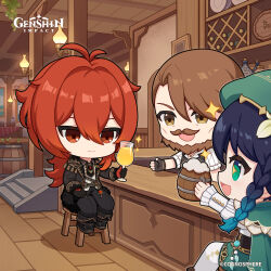 3boys absurdres antenna_hair bar_stool black_boots black_gloves boots braid brown_eyes brown_hair charles_(genshin_impact) chibi closed_mouth coat commentary copyright_name cup diluc_(genshin_impact) dot_nose english_commentary facial_hair fur-trimmed_coat fur_trim genshin_impact gloves gradient_hair green_hat green_shorts hair_between_eyes hat highres holding holding_cup indoors long_hair long_sleeves looking_at_another male_focus multicolored_hair multiple_boys official_art on_stool open_clothes open_coat open_mouth pantyhose red_eyes red_hair shorts sitting smile sparkling_eyes stool venti_(genshin_impact) vision_(genshin_impact) white_pantyhose wooden_floor
