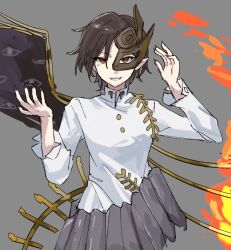 1girl asymmetrical_wings black_wings brown_hair brown_mask buttons cowboy_shot eye_print fiery_wings grey_background grey_skirt grin half_mask iwanaga_ariya kikeiju mask red_eyes red_nails shirt short_hair skeletal_wings skirt smile solo touhou turtleneck turtleneck_shirt v-shaped_eyebrows white_shirt wings