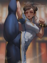 1girl blue_leggings blurry blurry_background bracelet breasts brown_hair capcom china_dress chinese_clothes chun-li clenched_hand commentary double_bun dress english_text flexible hair_bun highres jewelry kneepits leggings medium_breasts open_mouth patreon_username red_eyes shexyo short_hair solo split standing standing_on_one_leg standing_split street_fighter street_fighter_6 thick_thighs thighs white_dress