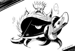 Rule 34 | digimon, digimon (creature), gasamon, hat, highres, holding, holding sword, holding weapon, katana, keyliom, monochrome, no humans, simple background, straw hat, sword, tentacles, water drop, weapon, white background
