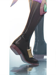 Rule 34 | 1boy, black footwear, boots, close-up, feet only, footwear focus, genshin impact, male focus, reflection, reflective floor, rj (lingshih10), shoes, simple background, solo, standing, twitter username, white background, xiao (genshin impact)