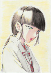 Rule 34 | 1girl, absurdres, artist name, bj1034 (tosashi), black hair, blue eyes, blunt bangs, colored pencil (medium), derivative work, from side, highres, japanese clothes, kimono, long hair, looking ahead, low ponytail, meitantei conan, miko, mole, mole under eye, open mouth, ponytail, portrait, sidelocks, solo, traditional media, white kimono, yellow background, yoshinaga miko