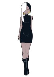 Rule 34 | 1girl, ado (utaite), black boots, black dress, black hair, blonde hair, boots, colored inner hair, commentary request, dress, earrings, full body, hair over one eye, highres, jewelry, looking at viewer, lugosi (ado), multicolored hair, nori (norinori yrl), show (ado), simple background, sleeveless, sleeveless dress, solo, split-color hair, stud earrings, white background, white hair, yellow eyes