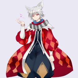 1boy animal_ear_fluff animal_ears argyle_clothes argyle_coat baggy_pants bell black_pants black_scarf black_vest blue_scarf cat_ears closed_mouth coat commentary_request feet_out_of_frame grey_hair highres jingle_bell juliet_sleeves long_sleeves looking_at_viewer male_focus minstrel_(ragnarok_online) musical_note pants polka_dot polka_dot_scarf puffy_sleeves ragnarok_online red_coat red_eyes red_scarf scarf shirokuro_(erisnoa) short_hair simple_background smile solo standing striped_clothes striped_scarf vest