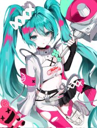 1girl blue_eyes blue_hair breasts hatsune_miku highres long_hair midriff racing_miku s_im7u simple_background small_breasts tagme vocaloid white_background