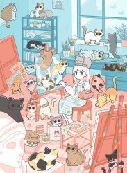 Rule 34 | 1girl, art brush, black cat, black eyes, box, brown cat, calico (pattern), calico cat, camouflage, canvas (object), cat, cat stretch, closed eyes, closed mouth, colorpoint, commentary, cup, desk, dot mouth, drawer, drawing (object), easel, eraser, grey cat, grid print, half-closed eyes, hands up, highres, holding, holding paint palette, holding paintbrush, iguana taisa, looking at another, looking at viewer, lying, medium hair, on back, on stool, on windowsill, open drawer, orange cat, original, overall skirt, paint, paint can, paint on clothes, paint palette, paint tube, paintbrush, painting (action), painting (object), paw print, pencil, plant, potted plant, print overalls, shelf, shirt, sitting, sleeping, socks, standing, statue, stool, stretching, through medium, too many, too many cats, trim brush, whiskers, white cat, white hair, white shirt, white socks, window, windowsill