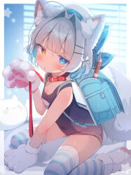 Rule 34 | 1girl, absurdres, animal ear fluff, animal ears, animal hands, backpack, bag, belt collar, blue bag, blue eyes, blue one-piece swimsuit, blue thighhighs, breasts, collar, covered navel, flute, gloves, grey hair, hair intakes, hair ornament, hairclip, heterochromia, highres, indoors, instrument, komugi-chan (komugi), komugi (2212), leash, looking at viewer, one-piece swimsuit, original, parted lips, paw gloves, randoseru, recorder, red collar, school swimsuit, short hair, small breasts, solo, striped clothes, striped thighhighs, swimsuit, tail, thighhighs, wolf ears, wolf girl, wolf tail, yellow eyes