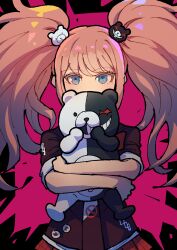 1girl bear_hair_ornament black_background black_necktie black_shirt blonde_hair blue_eyes danganronpa:_trigger_happy_havoc danganronpa_(series) enoshima_junko hair_ornament highres hugging_doll hugging_object long_hair miniskirt monokuma necktie pink_background plaid_clothes plaid_skirt pleated_skirt shirt short_sleeves skirt solo twintails white_necktie youko-shima