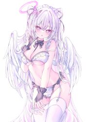 1girl absurdres angel_wings bare_shoulders black_bow black_bowtie black_choker black_gloves blush bow bowtie bra breasts choker cleavage fingerless_gloves garter_straps gloves hair_ornament headdress highres large_breasts long_hair looking_at_viewer maid maid_headdress multicolored_hair navel open_mouth original panties purple_eyes purple_hair ririge simple_background solo stomach thighhighs underwear white_background white_bra white_hair white_thighhighs wings