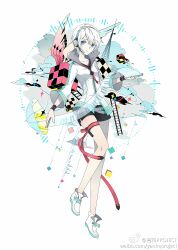 1girl absurdres belt black_shorts blue_eyes boots cardiogram_print chinese_text english_text flat_chest headset highres jacket long_sleeves red_belt red_ribbon ribbon short_hair short_shorts shorts smile standing tachi-e thigh_strap tomboy watermark white_boots wide_sleeves wristband yanhe yanhe_v3