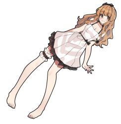 1girl :3 aa211108 armband bare_arms bare_shoulders barefoot black_armband black_bow black_choker black_outline blunt_bangs bow breasts brown_hair choker cleavage collarbone dorsiflexion_(wrist) dot_nose dress dutch_angle eyelashes frilled_dress frilled_thigh_strap frills hair_ribbon idolmaster idolmaster_cinderella_girls idolmaster_cinderella_girls_starlight_stage layered_dress light_blush long_hair looking_at_viewer medium_breasts moroboshi_kirari outline outstretched_hand ribbon sidelocks smile solo spaghetti_strap thick_outlines thigh_strap wavy_hair white_dress yellow_eyes