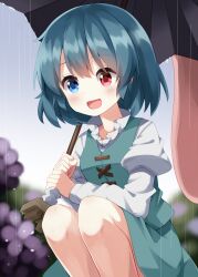1girl :d blue_eyes blue_hair blue_skirt blue_vest blush commentary feet_out_of_frame flower heterochromia highres holding holding_umbrella hydrangea juliet_sleeves karakasa_obake long_sleeves open_mouth outdoors puffy_sleeves purple_flower purple_umbrella rain red_eyes ruu_(tksymkw) shirt short_hair skirt smile solo squatting symbol-only_commentary tatara_kogasa touhou umbrella vest white_shirt