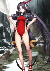 1girl ankle_wings bare_legs black_hair black_hat black_jacket blue_eyes breasts closed_mouth curtained_hair eyeshadow fate/grand_order fate_(series) foot_out_of_frame gluteal_fold groin hands_on_own_hips hat highleg highleg_one-piece_swimsuit hood hood_down hooded_jacket jacket long_hair long_sidelocks looking_at_viewer makeup mask mask_on_head medium_breasts mini_hat no_socks official_art one-piece_swimsuit platform_sandals pom_pom_(clothes) red_eyeshadow red_one-piece_swimsuit red_sandals sakamoto_mineji sandals side_ponytail sideboob sideless_outfit sideless_swimsuit sidelocks smile solo standing swimsuit tasuki tate_eboshi tengu_mask third-party_source toes ushiwakamaru_(fate) ushiwakamaru_(fate/grand_order) ushiwakamaru_(swimsuit_assassin)_(fate) ushiwakamaru_(swimsuit_assassin)_(third_ascension)_(fate) variant_set very_long_hair wings