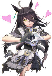 1girl absurdres ahoge animal_ears black_bow black_bowtie black_corset black_gloves bow bowtie corset dress ear_tag earrings frilled_dress frills gloves grey_hair grey_shoes hair_between_eyes hands_up heart high_heels highres holding_hands horse_ears horse_girl jewelry layered_dress long_bangs long_hair long_hair_between_eyes manhattan_cafe_(umamusume) masasan multicolored_hair open_mouth shoes simple_background single_earring smile solo umamusume very_long_hair white_background white_dress white_gloves yellow_eyes