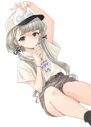1girl arm_up baseball_cap belt black_belt black_ribbon black_socks blush bow bracelet braid braided_bangs breasts brown_eyes collarbone dot_nose goshiki_suzu grey_hair grey_shorts hair_bow hair_ribbon hand_up hat highres hisakawa_nagi idolmaster idolmaster_cinderella_girls idolmaster_cinderella_girls_starlight_stage jewelry knee_up long_hair looking_at_viewer low_twintails necklace parted_lips ribbon shirt short_sleeves shorts simple_background sitting small_breasts socks solo twintails very_long_hair white_background white_shirt