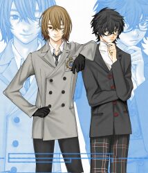 2boys akechi_gorou amamiya_ren black_hair brown_hair commission glasses gloves highres jacket kennomou looking_at_viewer multiple_boys necktie one_eye_closed persona persona_5 school_uniform shuujin_academy_school_uniform smile zoom_layer