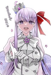 1girl absurdres bb_(flower_parade)_(fate) bow bowtie breasts buttons conpota7 crown double-breasted dress fate/extra fate_(series) gloves hair_ribbon highres large_breasts long_hair long_sleeves looking_at_viewer mini_crown open_mouth purple_eyes purple_hair red_ribbon ribbon silver_trim smile solo upper_body very_long_hair white_dress white_gloves