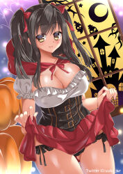 1girl absurdres alternate_costume black_corset black_hair black_panties blunt_ends blush bow bowtie breasts cleavage closed_mouth clothes_lift commentary_request corset cowboy_shot curvy dutch_angle frilled_shirt frilled_sleeves frills fuyukichi_(nikoniko1567) gluteal_fold hair_between_eyes hair_bow hair_over_shoulder halloween halloween_costume highres hood hood_down large_breasts lifting_own_clothes lingerie long_hair looking_at_viewer miniskirt outline panties pleated_skirt puffy_short_sleeves puffy_sleeves pumpkin purple_background red_bow red_bowtie red_hood red_skirt sanoba_witch shirt short_sleeves side-tie_panties simple_background skindentation skirt skirt_lift smile solo straight_hair thigh_gap thighs togakushi_touko twitter_username two_side_up underwear white_outline white_shirt window yellow_eyes
