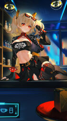 1girl absurdres bar_(place) black_gloves black_jacket black_skirt black_thighhighs black_tube_top blonde_hair breasts burnice_white crop_top eyewear_on_head fingerless_gloves gloves hair_ornament highres jacket large_breasts leather leather_jacket looking_at_viewer miniskirt navel on_counter red_eyes skirt smile solo spiked_belt spiked_jacket stomach strapless sunglasses thighhighs tube_top twintails yuan_zhen zenless_zone_zero zettai_ryouiki