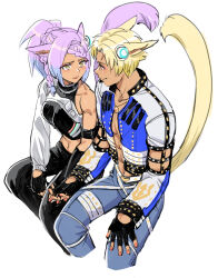 Rule 34 | 1boy, 1girl, animal ears, asymmetrical sleeves, black gloves, blonde hair, braid, cat boy, cat ears, cat girl, cat tail, commentary, couple, cropped legs, dede (qwea 00000), eutrope (ff14), eye contact, final fantasy, final fantasy xiv, fingerless gloves, gloves, hetero, holding hands, interlocked fingers, invisible chair, light blush, looking at another, miqo&#039;te, multicolored hair, ponytail, purple hair, red nails, retsarra (ff14), short hair, simple background, single bare shoulder, sitting, smile, symbol-only commentary, tail, toned, toned female, toned male, two-tone hair, uneven sleeves, white background, yellow eyes