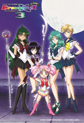 00s 1990s_(style) 2006 5girls aqua_hair bishoujo_senshi_sailor_moon bishoujo_senshi_sailor_moon_s bishoujo_senshi_sailor_moon_stars black_dress black_hair black_neckwear blonde_hair blue_eyes blue_footwear blue_sailor_collar blue_skirt boots bow brooch brown_bow chibi_usa choker cone_hair_bun crossed_arms double_bun dress earrings elbow_gloves full_body full_moon garnet_rod glaive_(polearm) gloves green_hair hair_bun hair_ornament hairpin half_updo hand_on_own_hip heart heart_brooch height_difference highres hino_ryutaro holding holding_polearm holding_spear holding_weapon jewelry kaiou_michiru knee_boots lace-up_boots long_hair magical_girl meiou_setsuna moon multicolored_skirt multiple_girls outer_senshi pink_boots pink_hair polearm purple_eyes purple_footwear purple_skirt red_eyes retro_artstyle ribbon sailor_chibi_moon sailor_collar sailor_neptune sailor_pluto sailor_saturn sailor_senshi sailor_uranus shoes short_hair silence_glaive single_hair_bun skirt smile spear staff standing super_sailor_chibi_moon super_sailor_neptune super_sailor_pluto super_sailor_saturn super_sailor_uranus tan ten&#039;ou_haruka tiara toei_animation tomoe_hotaru twintails v weapon white_gloves yellow_bow