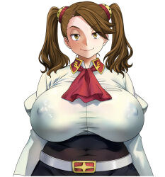 Rule 34 | 1girl, ascot, belt, breasts, brown hair, covered erect nipples, covered navel, gundam, gundam build fighters, gundam build fighters try, hair ornament, huge breasts, lips, medium hair, no bra, plump, sazaki kaoruko, school uniform, shirt, shoumaru (gadget box), smile, solo, standing, tight clothes, twintails, white background, yellow eyes
