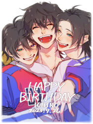 3boys :d ^_^ adam&#039;s_apple aegyo_sal ahoge arm_around_shoulder black_hair blue_eyes blue_jacket blurry blurry_border blush border boy_sandwich brothers buster_bros!!! character_name cheek-to-cheek closed_eyes curtained_hair english_text green_eyes grin group_hug hair_between_eyes happy_birthday head_on_another&#039;s_shoulder heads_together heterochromia highres hood hoodie hug hyp3_in hypnosis_mic jacket jacket_over_hoodie letterman_jacket long_neck long_sleeves looking_at_another looking_at_viewer male_focus mole mole_under_eye mole_under_mouth multicolored_jacket multiple_boys multiple_moles narrowed_eyes nose_blush open_mouth parted_hair raised_eyebrows raised_inner_eyebrows red_jacket sandwiched shiny_lips short_hair siblings smile teeth two-tone_jacket upper_body upper_teeth_only white_border white_hoodie yamada_ichiro yamada_jiro yamada_saburo yellow_eyes yellow_hoodie