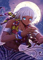 1girl abs absurdres animal_print armlet bandeau blue_eyes bracelet dark-skinned_female dark_skin earrings elena_(street_fighter) eyelashes fighting_stance full_moon glowing glowing_eyes highres jewelry moon multiple_rings nankou_(koutanan) night pants ring scarf short_hair smile solo street_fighter street_fighter_6 toned toned_female white_bandeau white_pants zebra_print