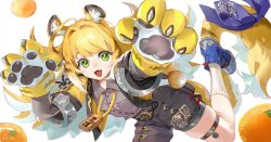 1girl :3 :d ahoge animal_ears animal_hands black_shirt black_shorts blonde_hair blue_bow bow collared_shirt cropped_jacket fang green_eyes highres jacket ju_fufu looking_at_viewer multicolored_hair o-ring o-ring_thigh_strap open_mouth shirt shorts skin_fang smile solo tail tail_bow tail_ornament thigh_strap tiger_ears tiger_girl tiger_paws tiger_tail two-tone_hair vvv_rendez white_hair yellow_jacket zenless_zone_zero