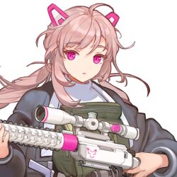 1girl braid eyebrows_hidden_by_hair eyelashes fang female_focus game_cg gun hair_tuft head_ornament high_collar holding holding_gun holding_rifle holding_weapon last_origin long_hair long_sleeves looking_at_viewer messy_hair miho_(last_origin) official_art open_clothes open_mouth pink_eyes pink_hair rifle rorobomb slit_pupils sniper_rifle sweater transparent_background turtleneck turtleneck_sweater twin_braids upper_body weapon white_sweater