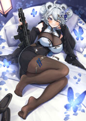1girl absurdres animal_ears blush bug butterfly double_bun feet grey_hair gun hair_bun highres indie_virtual_youtuber insect looking_at_viewer medium_hair nally_(vtuber) one_eye_closed pantyhose purple_eyes sahara1127 shoes smile soles toes unworn_shoes weapon