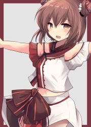 Rule 34 | 1girl, absurdres, bow, brown bow, brown eyes, brown hair, chinese clothes, commentary request, double bun, grey background, hair bun, highres, hirune (konekonelkk), kantai collection, multicolored shirt, official alternate costume, open mouth, outstretched arms, shirt, short hair, skirt, smile, solo, t-pose, tan yang (kancolle), tan yang (summer) (kancolle), white shirt, white skirt, yukikaze (kancolle)
